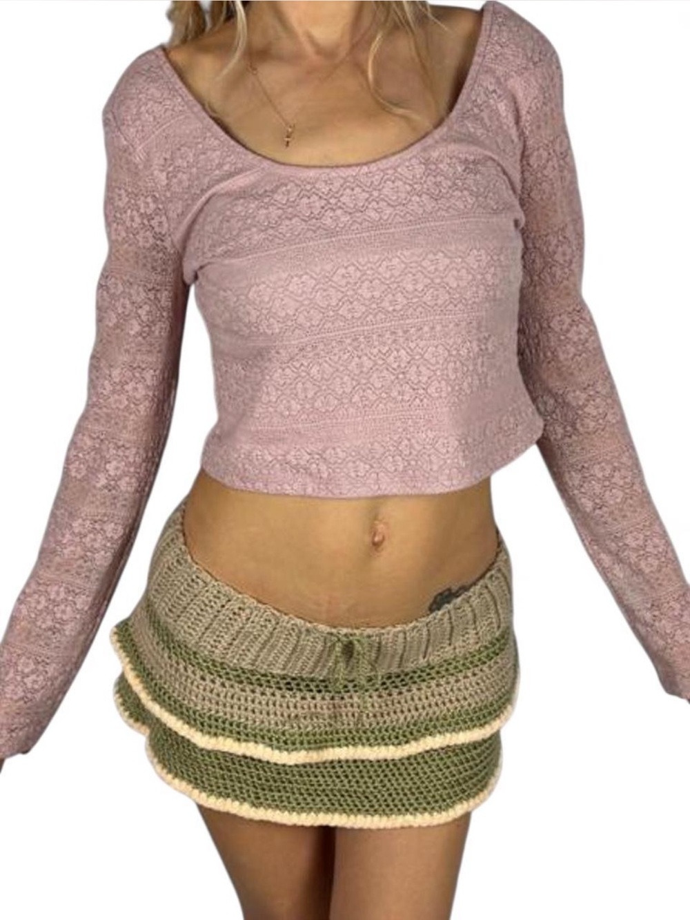 Ballet pastel soft pink textured sheer long sleeve crop top Small